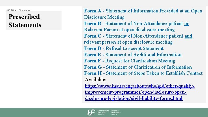 HSE | Open Disclosure Form A - Statement of Information Provided at an Open