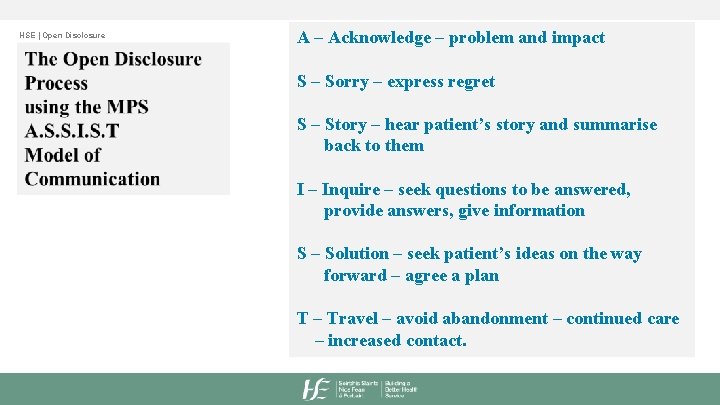 HSE | Open Disclosure A – Acknowledge – problem and impact S – Sorry