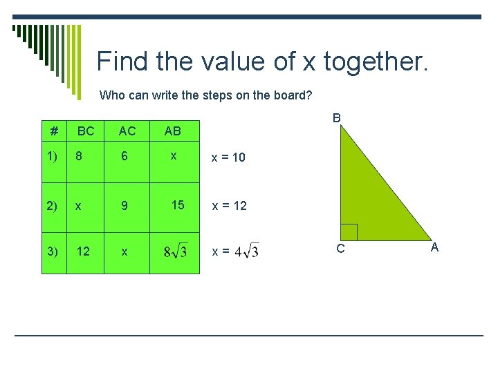Find the value of x together. Who can write the steps on the board?