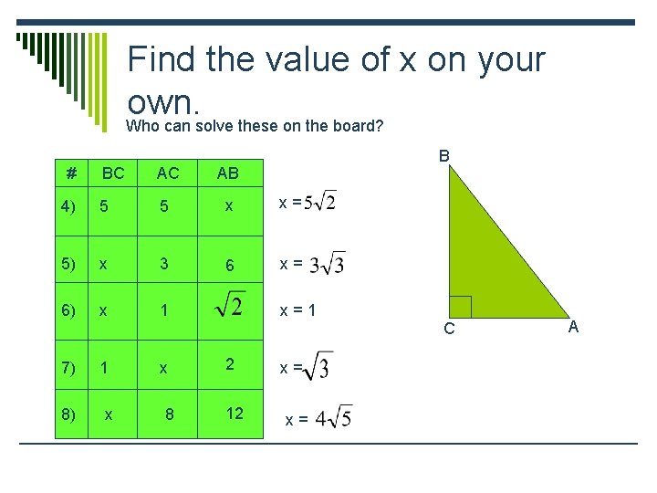 Find the value of x on your own. Who can solve these on the