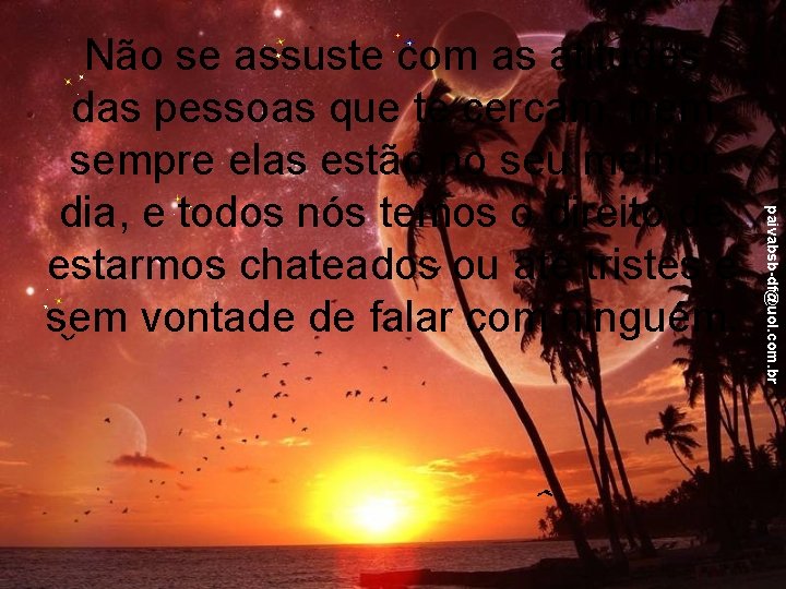 paivabsb-df@uol. com. br Não se assuste com as atitudes das pessoas que te cercam;