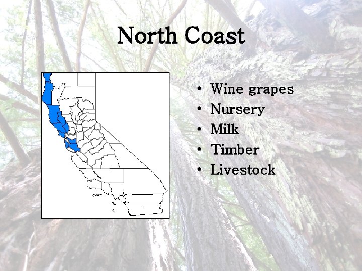 North Coast • • • Wine grapes Nursery Milk Timber Livestock 