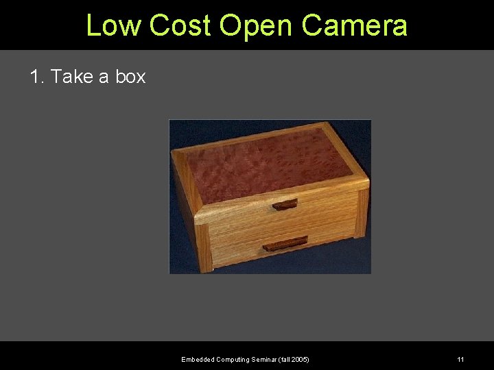 Low Cost Open Camera 1. Take a box Embedded Computing Seminar (fall 2005) 11