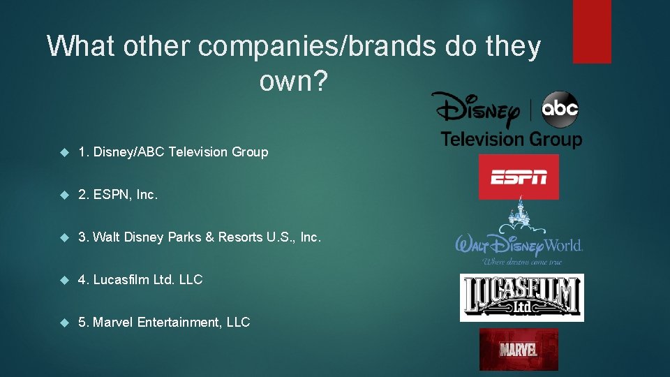 What other companies/brands do they own? 1. Disney/ABC Television Group 2. ESPN, Inc. 3.