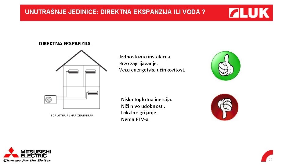 UNUTRAŠNJE JEDINICE: DIREKTNA EKSPANZIJA ILI VODA ? DIREKTNA EKSPANZIJA Jednostavna instalacija. Brzo zagrijavanje. Veća