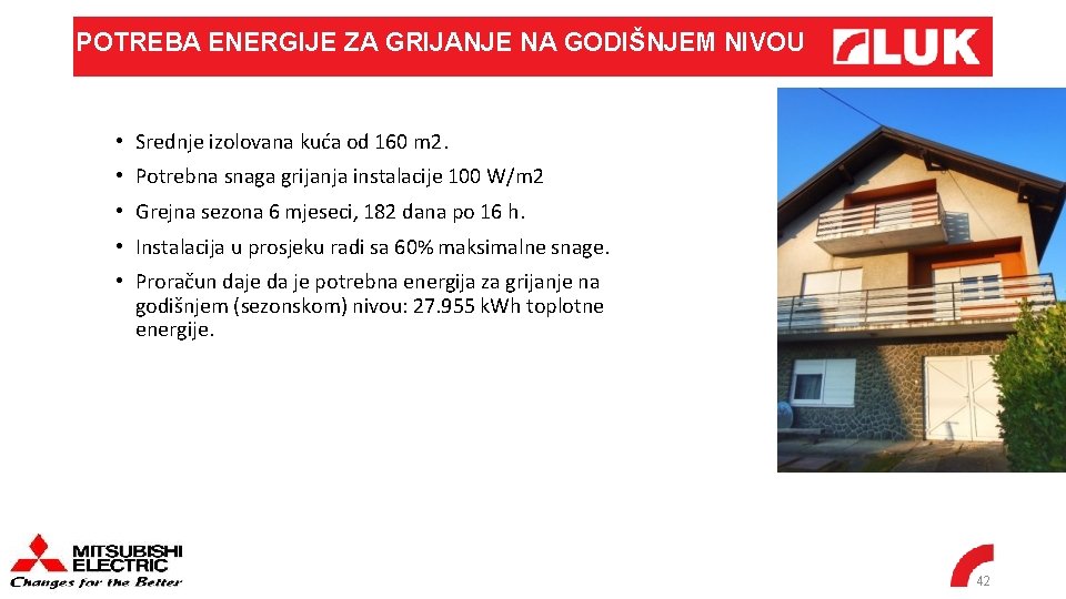 POTREBA ENERGIJE ZA GRIJANJE NA GODIŠNJEM NIVOU • Srednje izolovana kuća od 160 m