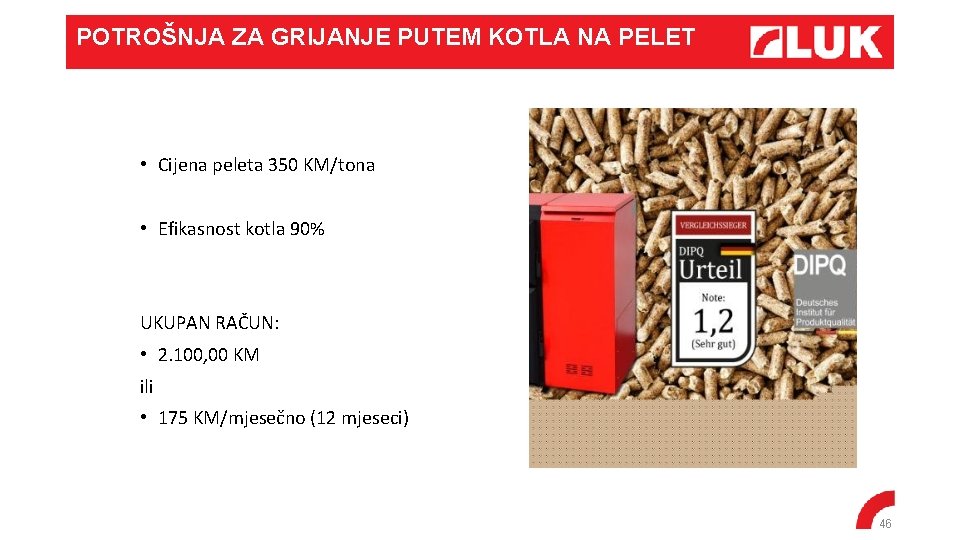 POTROŠNJA ZA GRIJANJE PUTEM KOTLA NA PELET • Cijena peleta 350 KM/tona • Efikasnost