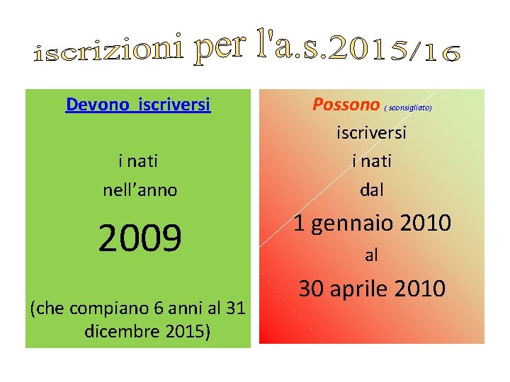 Devono iscriversi i nati nell’anno 2009 (che compiano 6 anni al 31 dicembre 2015)