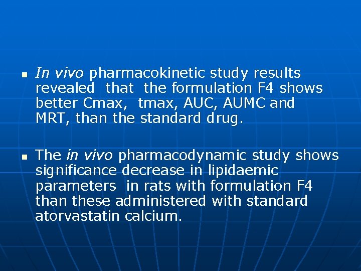 n n In vivo pharmacokinetic study results revealed that the formulation F 4 shows