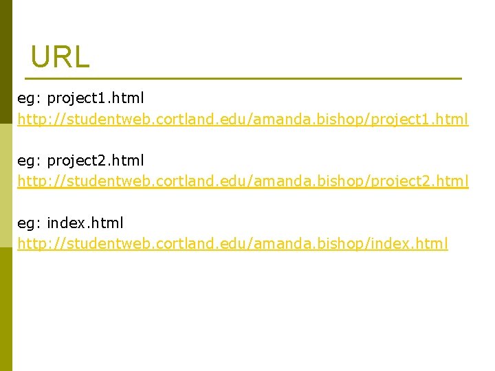 URL eg: project 1. html http: //studentweb. cortland. edu/amanda. bishop/project 1. html eg: project