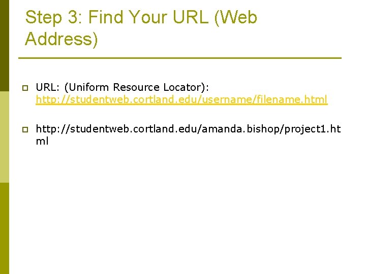 Step 3: Find Your URL (Web Address) p URL: (Uniform Resource Locator): http: //studentweb.