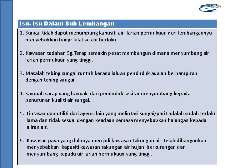Isu- Isu Dalam Sub Lembangan 1. Sungai tidak dapat menampung kapasiti air larian permukaan