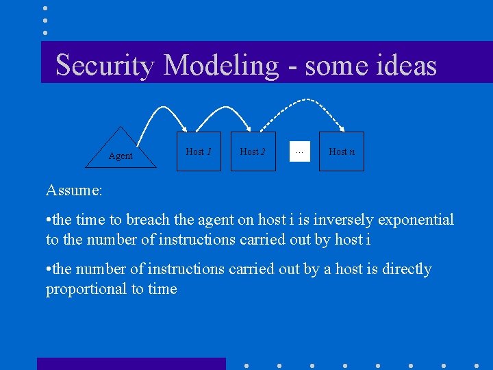 Security Modeling - some ideas Agent Host 1 Host 2 … Host n Assume: