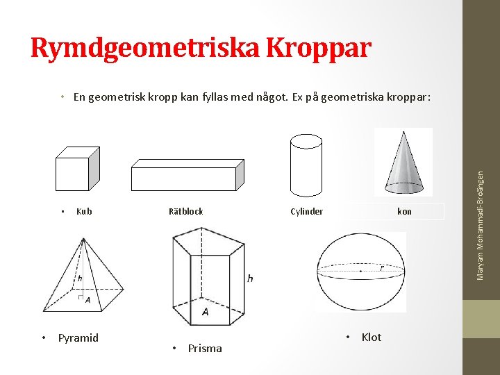  Rymdgeometriska Kroppar • Kub Rätblock Cylinder kon • Pyramid • Prisma • Klot