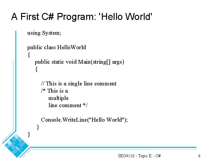 A First C# Program: 'Hello World' using System; public class Hello. World { public