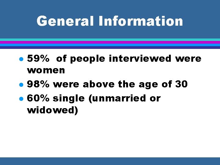 General Information l l l 59% of people interviewed were women 98% were above