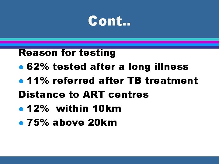 Cont. . Reason for testing l 62% tested after a long illness l 11%