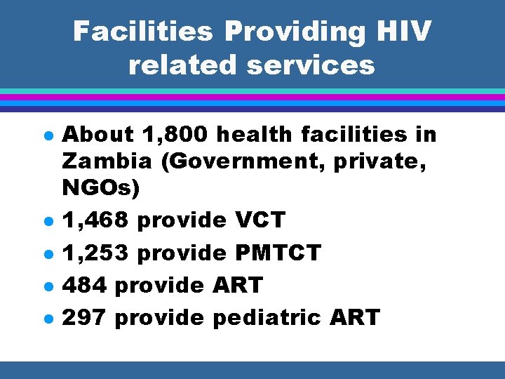 Facilities Providing HIV related services l l l About 1, 800 health facilities in