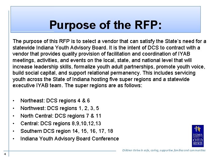 Purpose of the RFP: The purpose of this RFP is to select a vendor