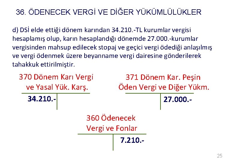 36. ÖDENECEK VERGİ VE DİĞER YÜKÜMLÜLÜKLER d) DSİ elde ettiği dönem karından 34. 210.