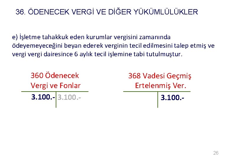 36. ÖDENECEK VERGİ VE DİĞER YÜKÜMLÜLÜKLER e) İşletme tahakkuk eden kurumlar vergisini zamanında ödeyemeyeceğini