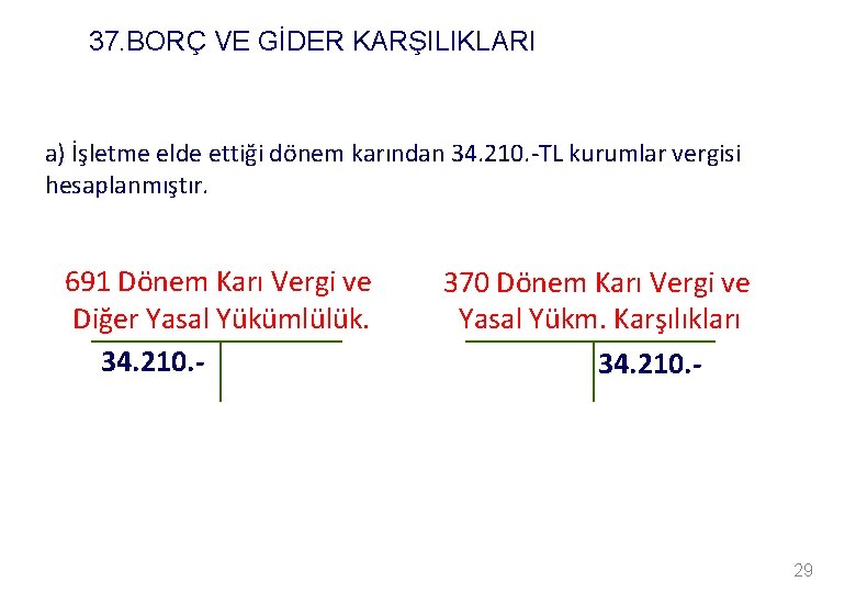 37. BORÇ VE GİDER KARŞILIKLARI a) İşletme elde ettiği dönem karından 34. 210. -TL