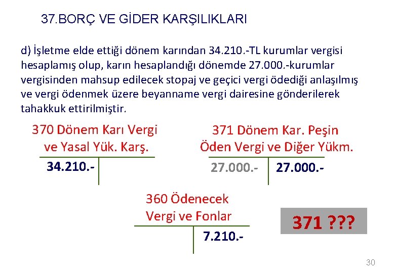 37. BORÇ VE GİDER KARŞILIKLARI d) İşletme elde ettiği dönem karından 34. 210. -TL