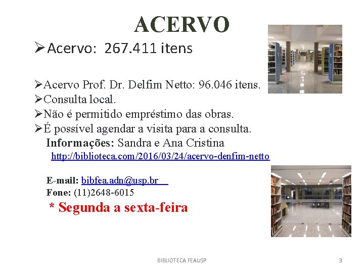 ACERVO ØAcervo: 267. 411 itens ØAcervo Prof. Dr. Delfim Netto: 96. 046 itens. ØConsulta