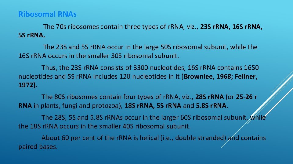 Ribosomal RNAs The 70 s ribosomes contain three types of r. RNA, viz. ,