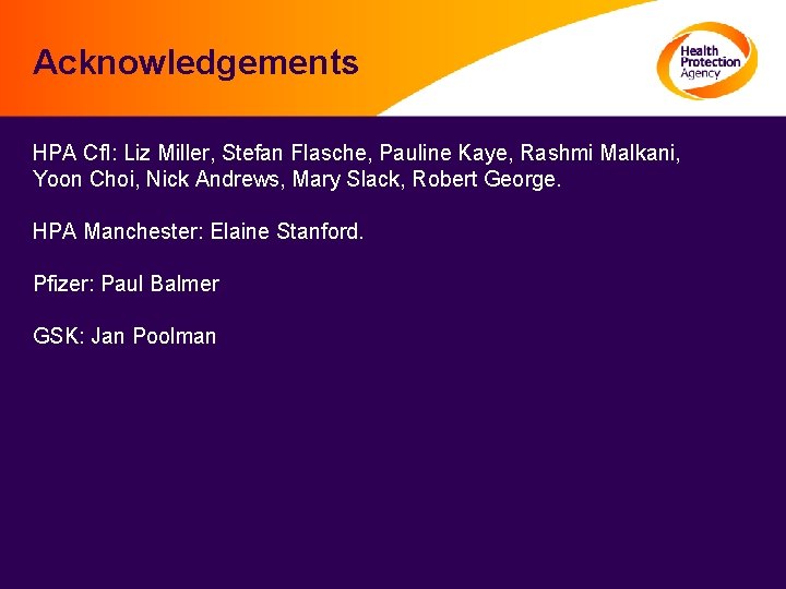 Acknowledgements HPA Cf. I: Liz Miller, Stefan Flasche, Pauline Kaye, Rashmi Malkani, Yoon Choi,