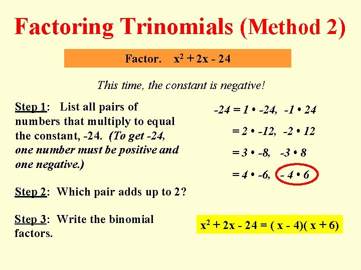 Factoring Trinomials (Method 2) Factor. x 2 + 2 x - 24 This time,