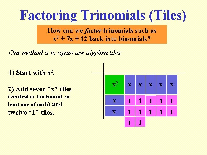 Factoring Trinomials (Tiles) How can we factor trinomials such as x 2 + 7