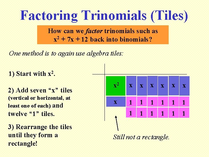 Factoring Trinomials (Tiles) How can we factor trinomials such as x 2 + 7
