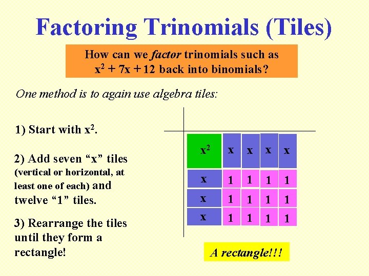 Factoring Trinomials (Tiles) How can we factor trinomials such as x 2 + 7