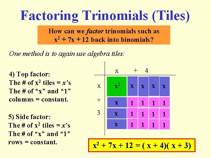 Factoring Trinomials (Tiles) How can we factor trinomials such as x 2 + 7