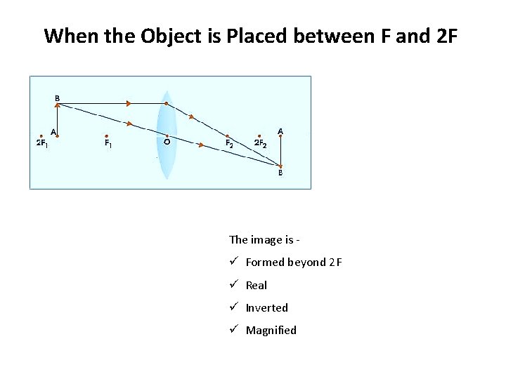 When the Object is Placed between F and 2 F The image is -