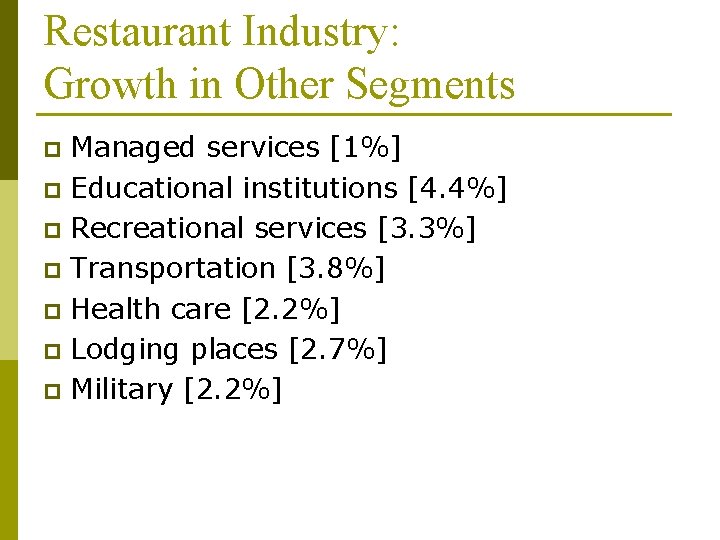 Restaurant Industry: Growth in Other Segments Managed services [1%] p Educational institutions [4. 4%]