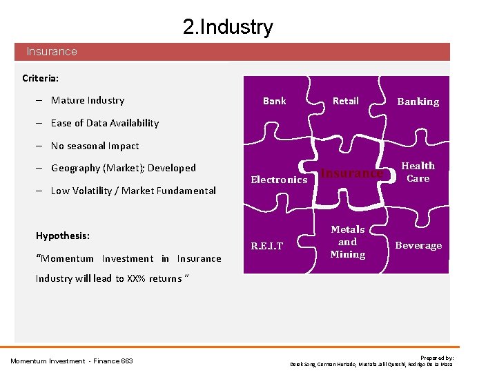2. Industry Insurance Criteria: – Mature Industry Retail Banking – Ease of Data Availability