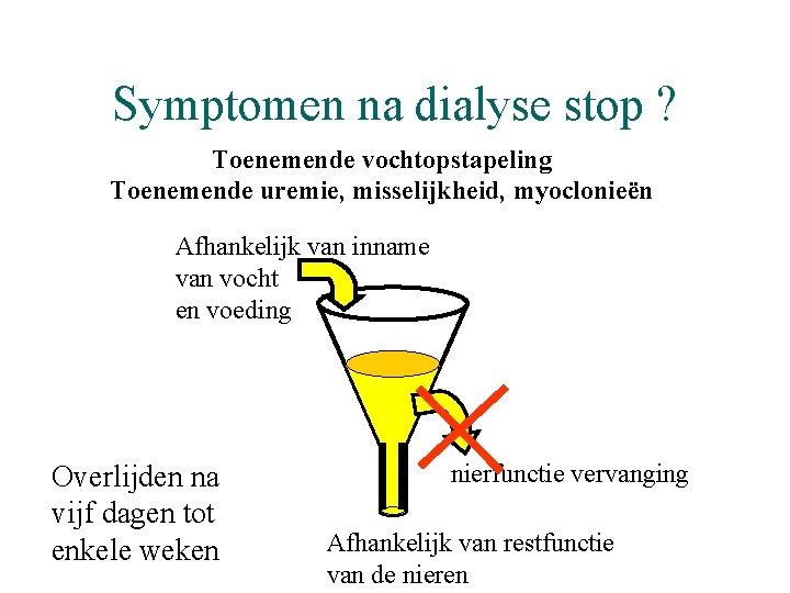 Symptomen na dialyse stop ? Toenemende vochtopstapeling Toenemende uremie, misselijkheid, myoclonieën Afhankelijk van inname