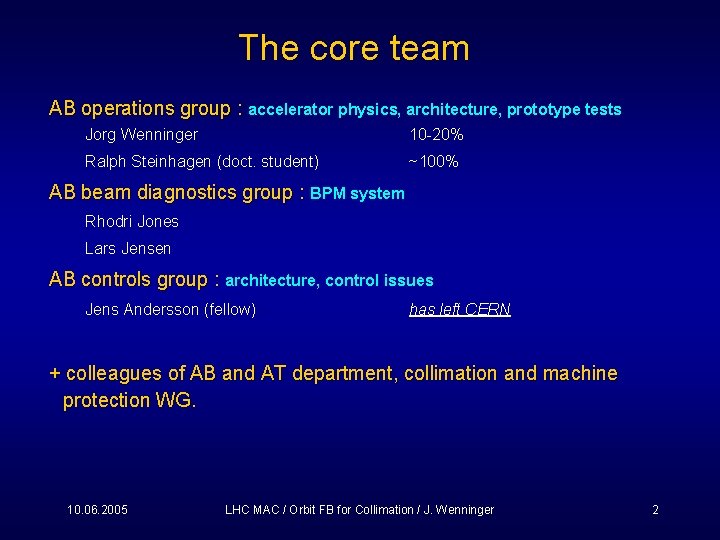 The core team AB operations group : accelerator physics, architecture, prototype tests Jorg Wenninger