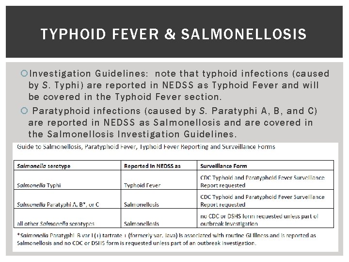 TYPHOID FEVER & SALMONELLOSIS Investigation Guidelines: note that typhoid infections (caused by S. Typhi)