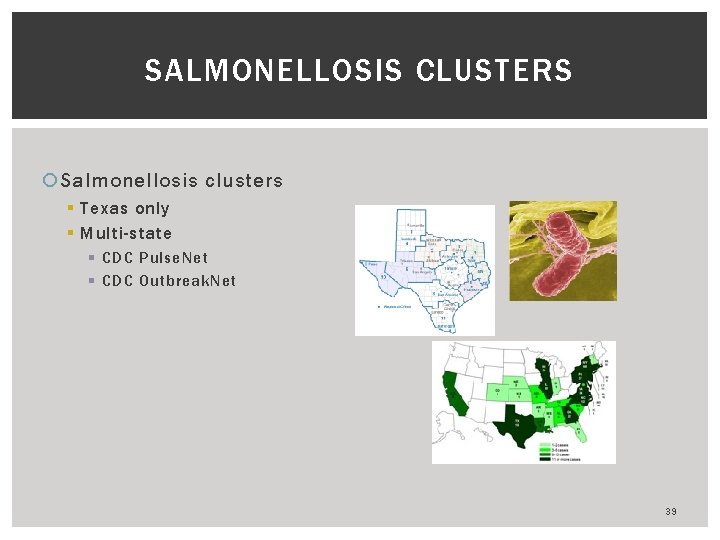 SALMONELLOSIS CLUSTERS Salmonellosis clusters § Texas only § Multi-state § CDC Pulse. Net §