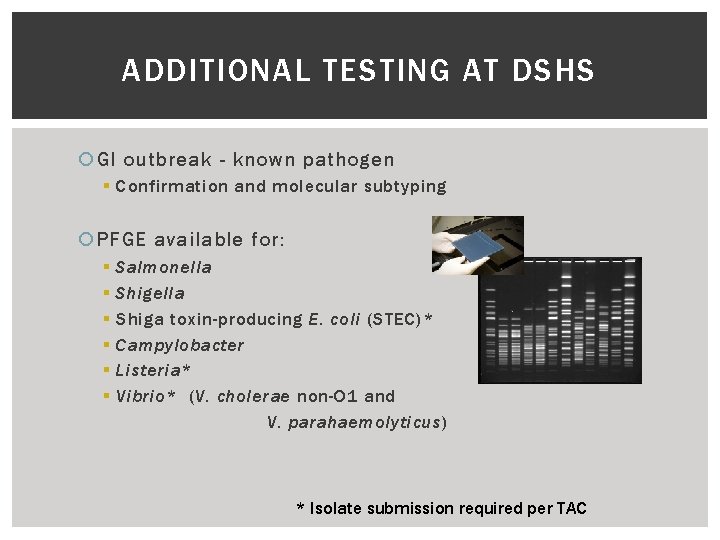 ADDITIONAL TESTING AT DSHS GI outbreak - known pathogen § Confirmation and molecular subtyping