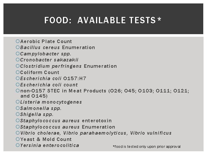 FOOD: AVAILABLE TESTS* Aerobic Plate Count Bacillus cereus Enumeration Campylobacter spp. Cronobacter sakazakii Clostridium