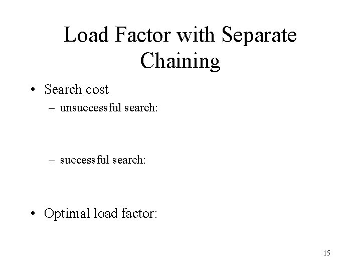 Load Factor with Separate Chaining • Search cost – unsuccessful search: – successful search:
