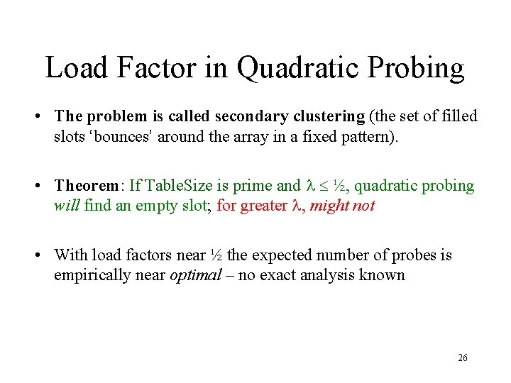 Load Factor in Quadratic Probing • The problem is called secondary clustering (the set