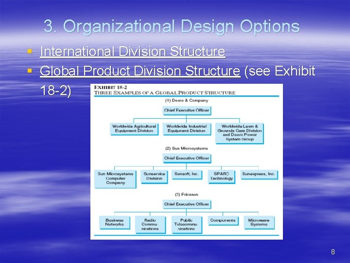 3. Organizational Design Options § International Division Structure § Global Product Division Structure (see