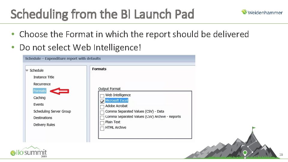 Scheduling from the BI Launch Pad • Choose the Format in which the report