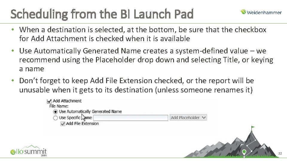 Scheduling from the BI Launch Pad • When a destination is selected, at the