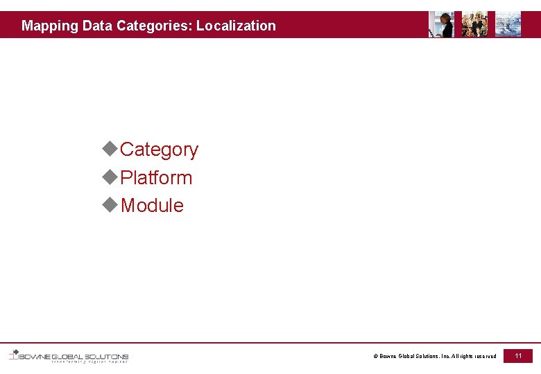 Mapping Data Categories: Localization u. Category u. Platform u. Module © Bowne Global Solutions,